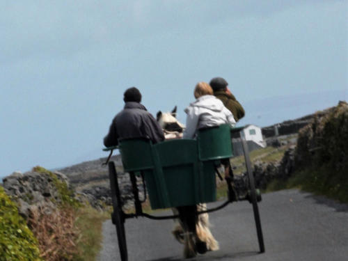 A horse and trap carrying three passengers along a narrow island road