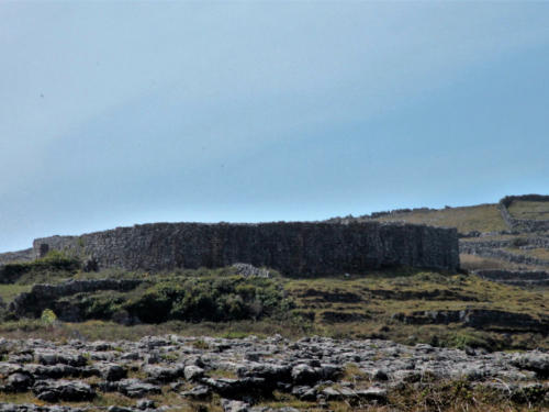 A curved dry-stone fort wall on a grassy hillside