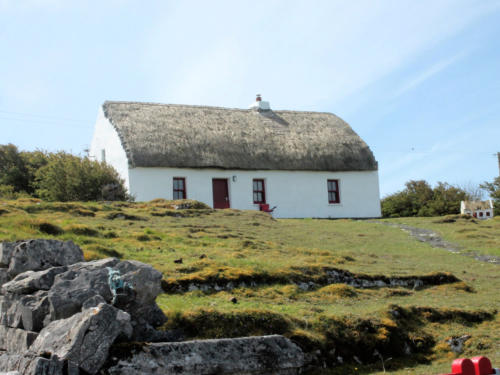 A whitewashed thatched cottage on a grassy hillside